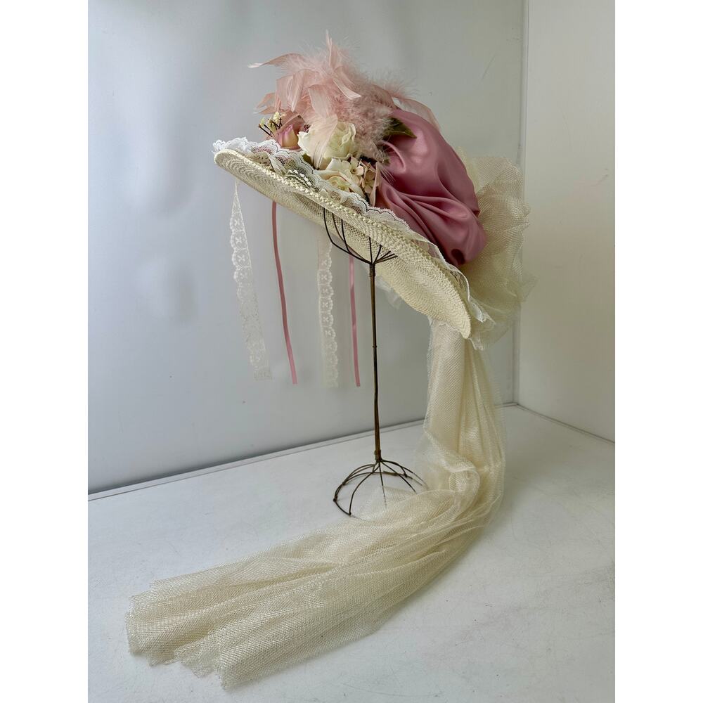 VTG Elsie Massey Originals Pink Floral Wide Brim Victorian Derby Hat